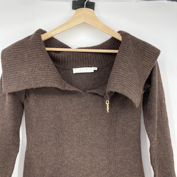 ASTR the Label | Lillian Sweater Dress in Brown Knit Off Shoulder Midi L - Picture 7 of 16